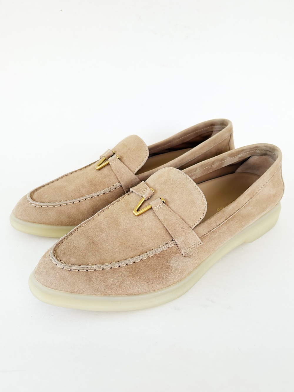 Veronica Beard Ailey Suede Loafers Beige Camel Gold V Hardware Size 6.5 - Picture 4 of 15